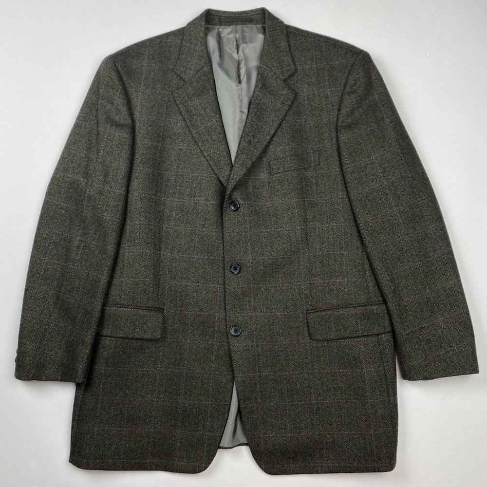 Hugo Boss Angelico Windowpane Virgin Wool Blazer Sport Coat Mens 46 Green Tweed